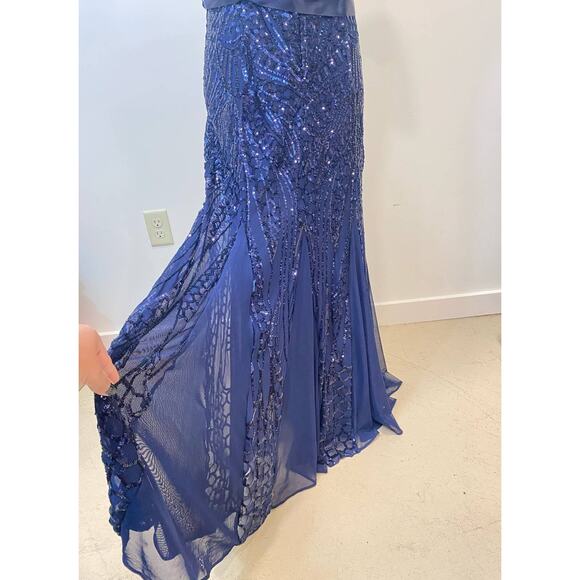 R&M Richards Navy Blue Sequin Satin Waist Belted Party Cocktail Maxi Dress 8us - Picture 8 of 14